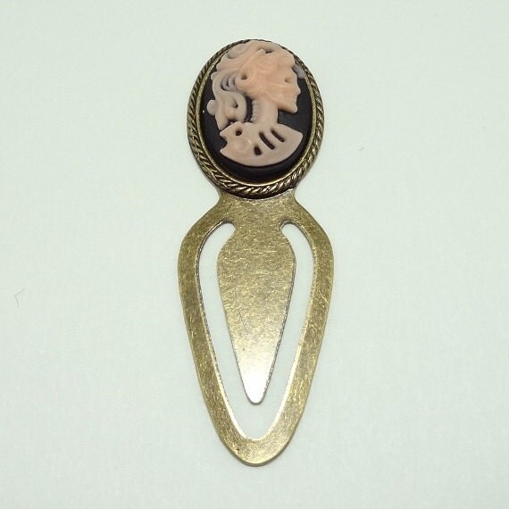 Gothic Lolita Bookmark Pink Skeleton On Black Cameo Antique Brass Toned Setting