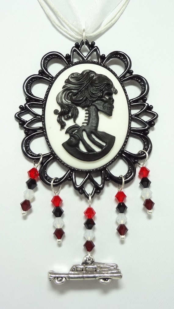 Gothic Lolita Necklace with Czech Crystals, with Hearse Charm - On A Triple Strand White Organza Ribbon