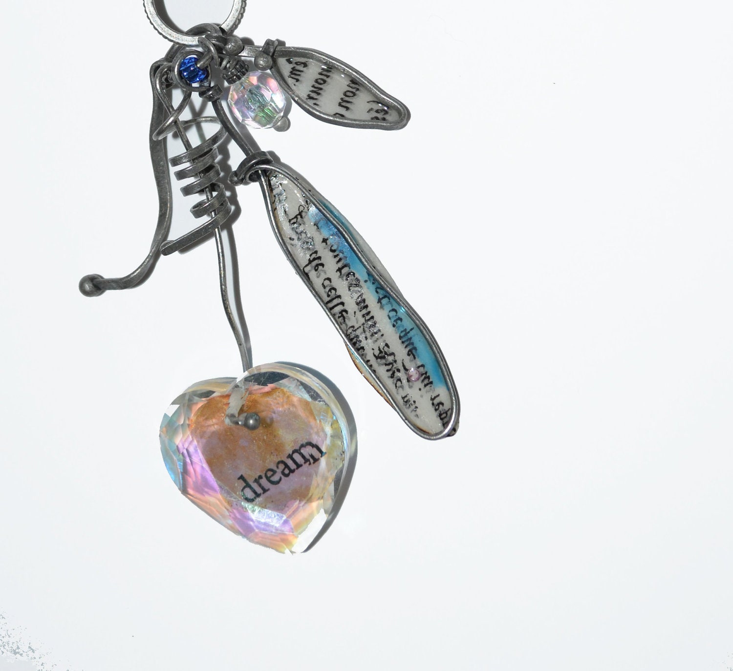 Crystal Heart OOAK Gifts Industrial Dream Keychain  Frosted Glass French Wording Blue