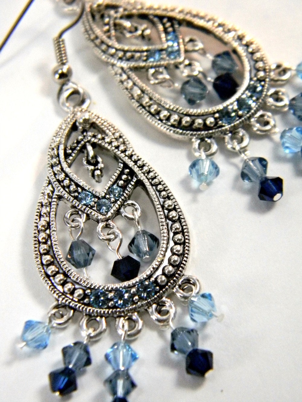Blue Chandelier Earrings  Aquamarine, Denim, Dark Indigo Swarovski Crystals   Hypoallergenic Stainless Steel  Statement Beaded Jewelry