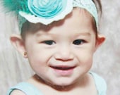 Vintage Inspired Rosette Feathers and Pearl Baby Infant Head band, Hair Accessory - Can be customized to colors of your choice