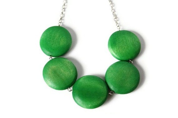 Lime Green  Necklace, Chunky Wood Beaded Necklace with Geometric Big Round Green Wood Beads