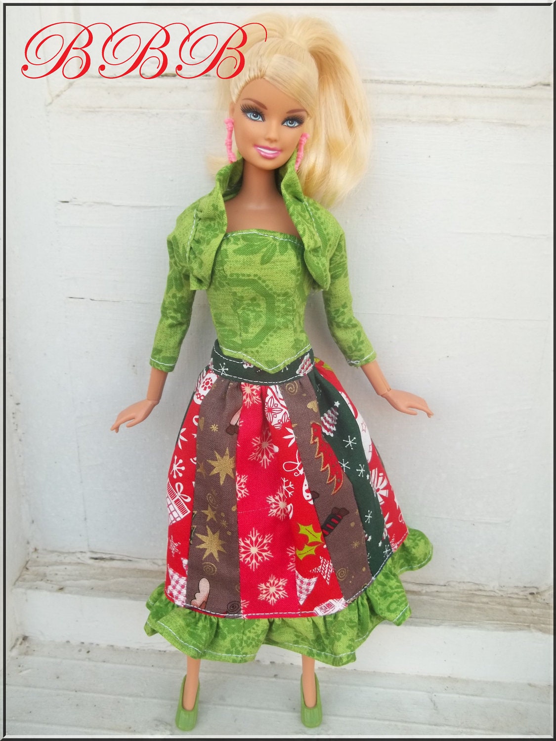 Holiday Barbie Clothes Christmas Outfit Strapless Tube Top and Strip Skirt with Bolero Jacket