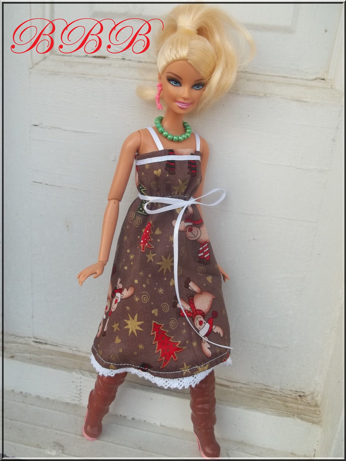 Christmas Barbie Clothes Reindeer Print Holiday Spaghetti Strap Dress with Green Necklace