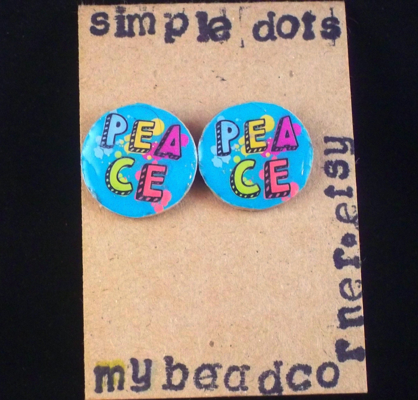 Peace Wood Post Earrings Blue Colorful Retro 70's 80's 90's Fun Jewelry Hipster