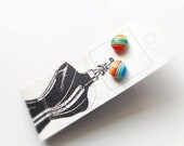 Rainbow Retro Cabochon Earrings, Red Blue Yellow Orange Cute Tiny Earring Studs
