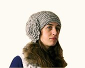 Knit Hat with a Big Flower in Grey and Brown Tweed - Fall Winter Fashion - Women and Teens Accessories - Christmas Gift For Her