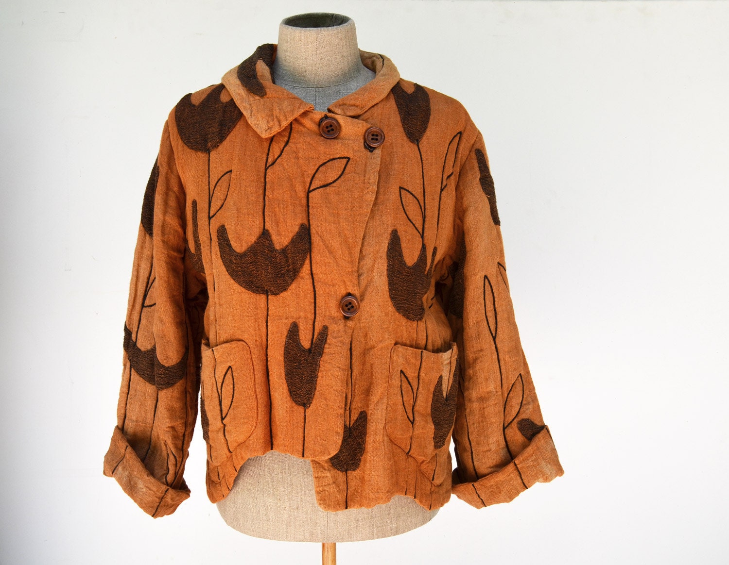 PURE Linen jacket by ZOJKA, unique ecofriendly, orange, asymmetrical, ooak, woman fashion design, wooden bottons, big pocets, L size - ZOJKAshop