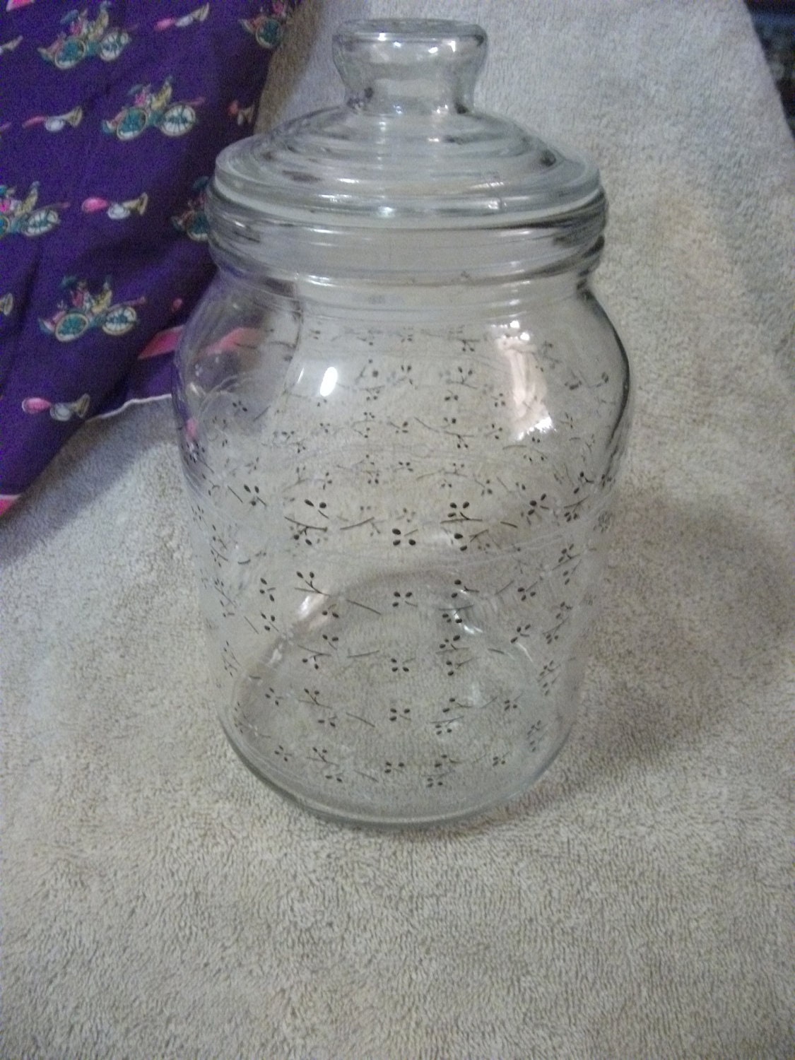 Vintage Tall Glass Canister Jar w/ Lid by Anchor Hocking Floral Print Design Only 6 USD