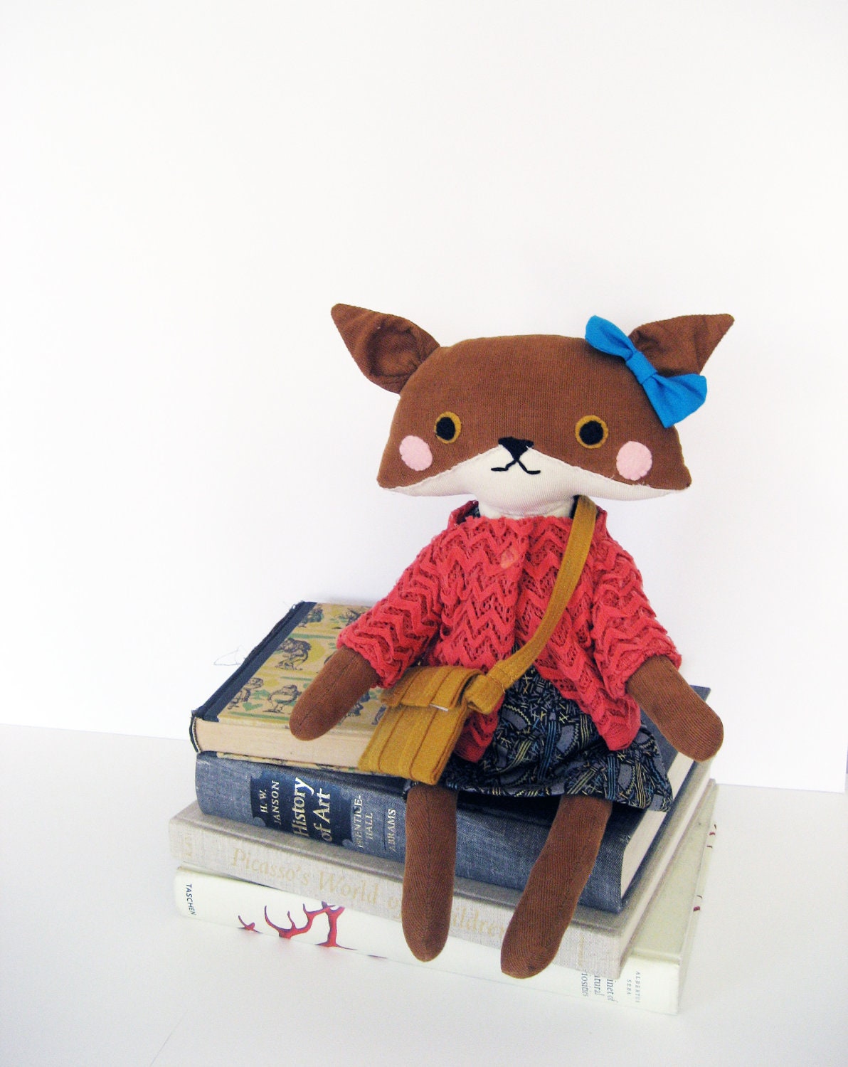 Matilda the Fox // Stuffed Animal Plush Doll  // Corduroy Body with Salmon Chevron Knit Sweater and Cotton Dress