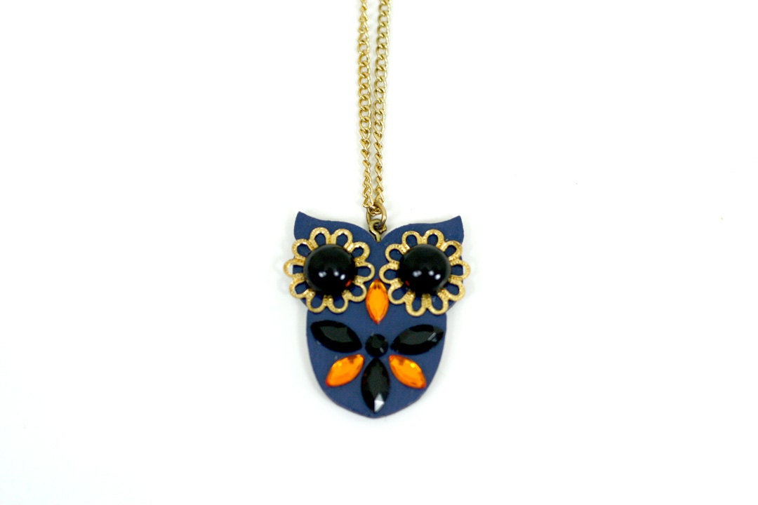 Navy Blue Owl Necklace Pendant