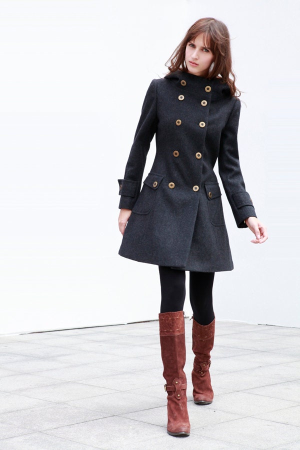 Dark Gray Jacket Cashmere Hooded Coat Double breasted Hoodie Wool Coat Winter Jacket - Custom Made - NC423