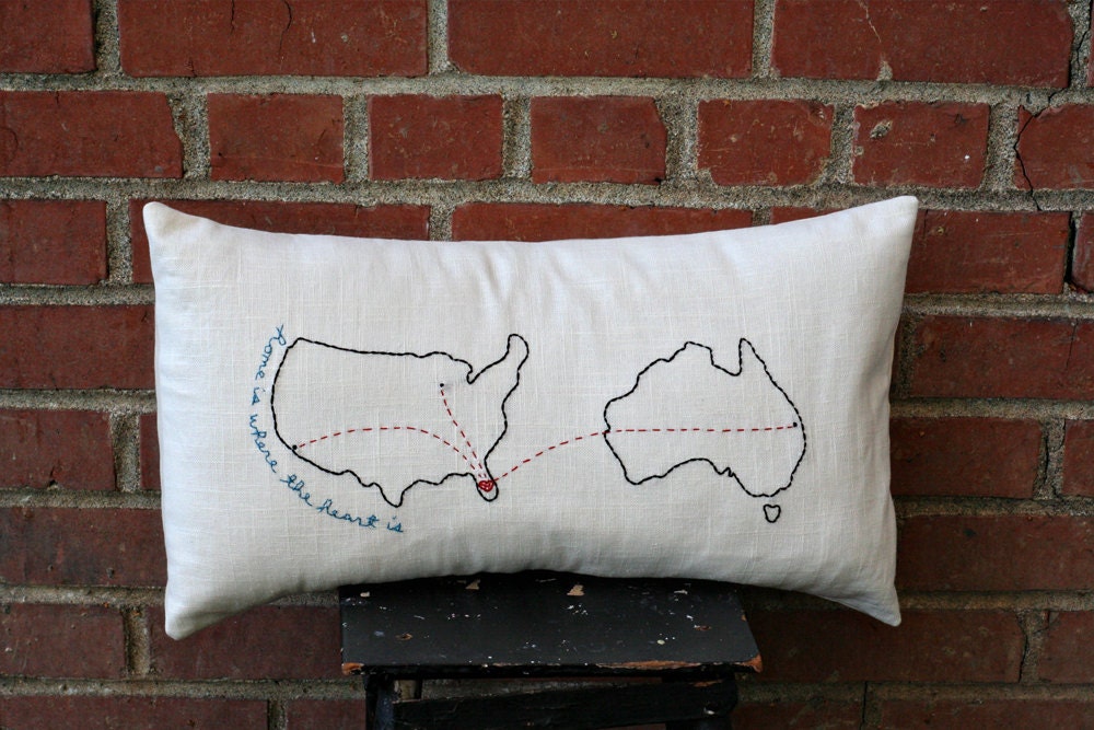Two countries/states Home Is Where The Heart Is w/ Connecting Hearts - Hand-Embroidered  Pillows Needlepoint on Linen