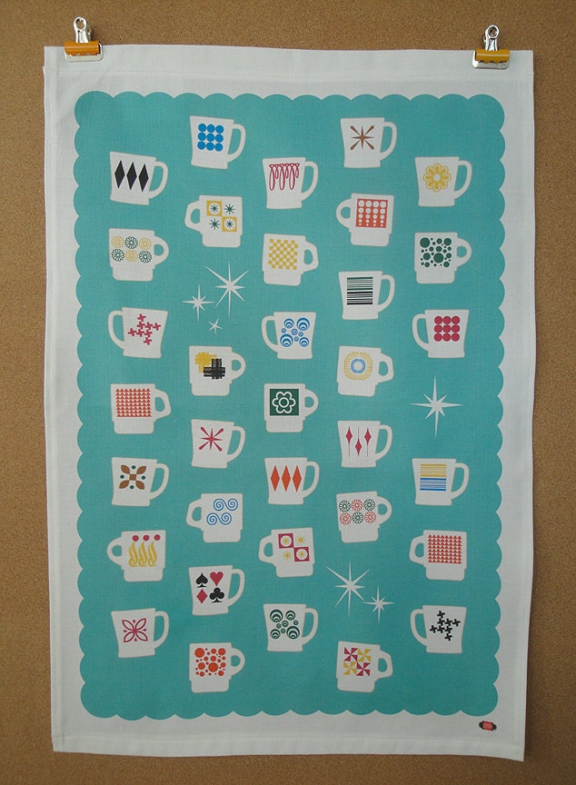 Fire King Mugs TEA TOWEL, Midcentury Americana, Retro Kitchen