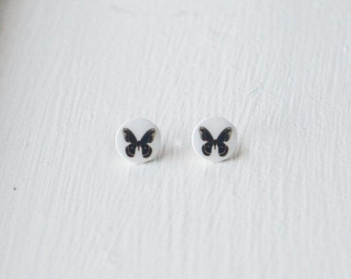 Black Butterfly Stud Post Earrings- Handmade Resin Jewelry- Gift Idea- Popular Fashion Trends- Spring- Summer