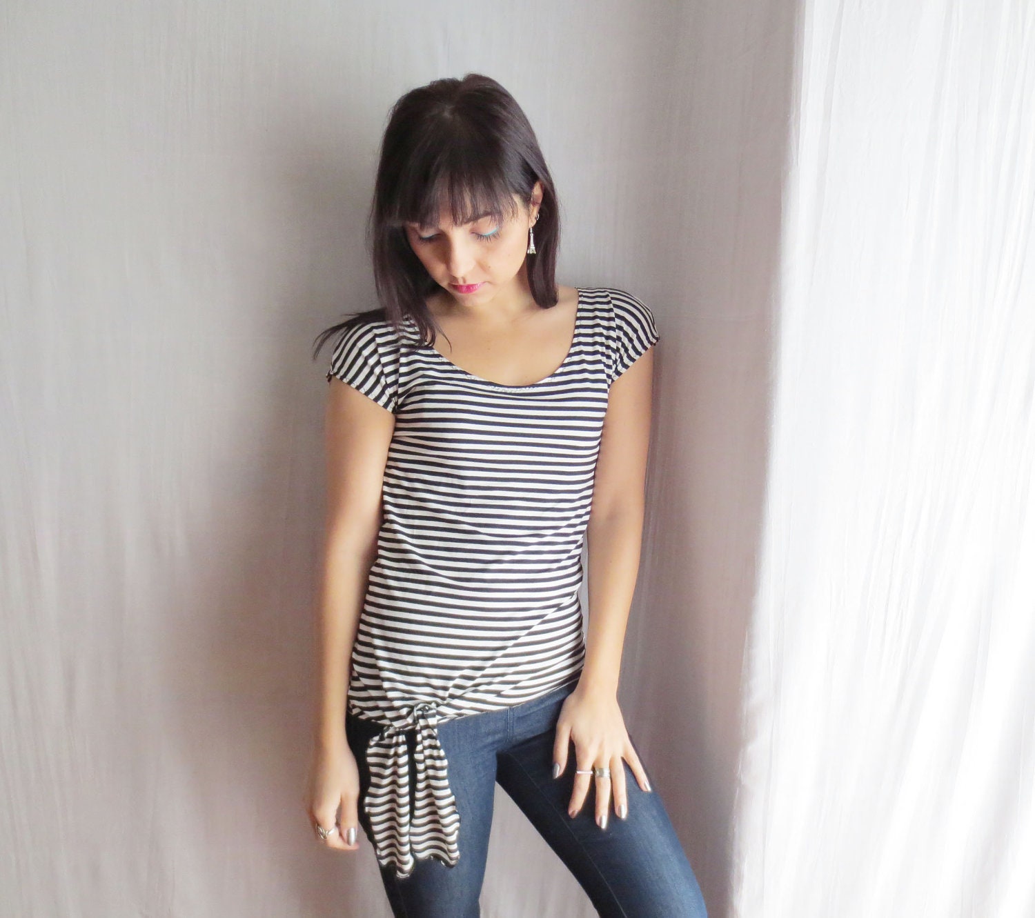 Striped tshirt womens top - scoop neck shirt fitted top