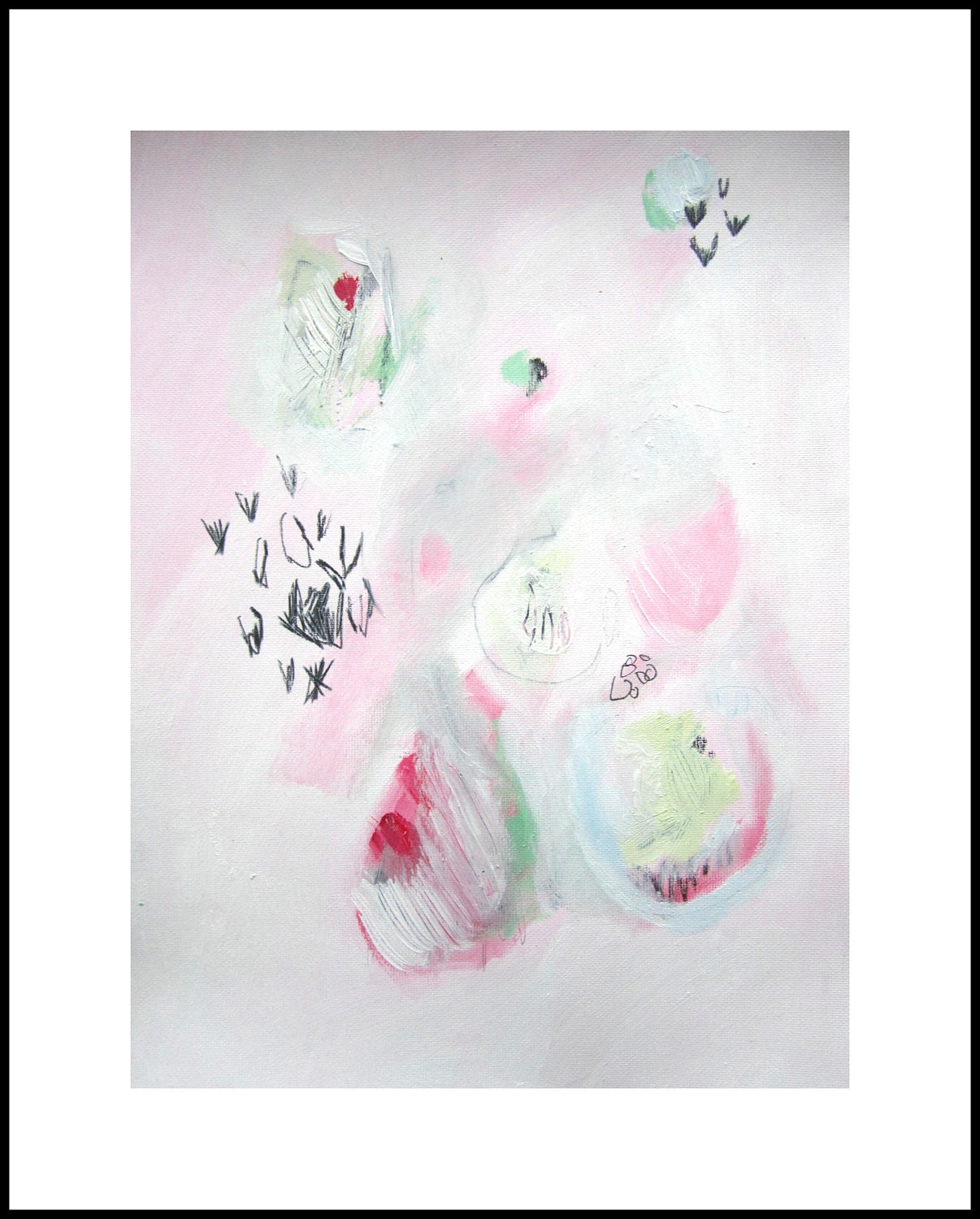 Abstract painting, white, pink, green, modern painting