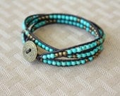 Turquoise Bracelet - Turquoise and Gold Leather Wrap with Button Clasp, Adjustable, Anklet, Necklace, 3 in 1