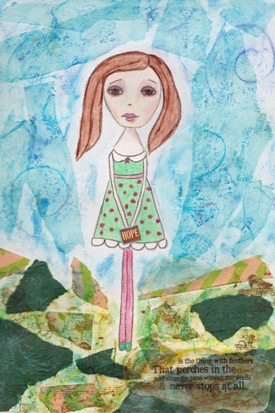 Hope - Sweet Paper Doll Wall Art Print - Little Girl Emily Dickinson Poetry Quote Pink Green Blue Pastel Nursery Decor