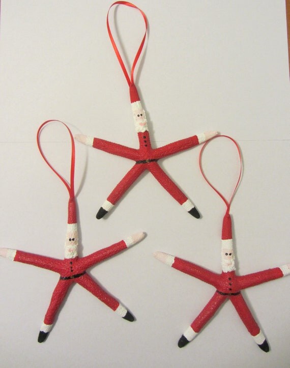 Starfish Santa Ornaments - Set of 3 Santa Ornaments - REAL Starfish