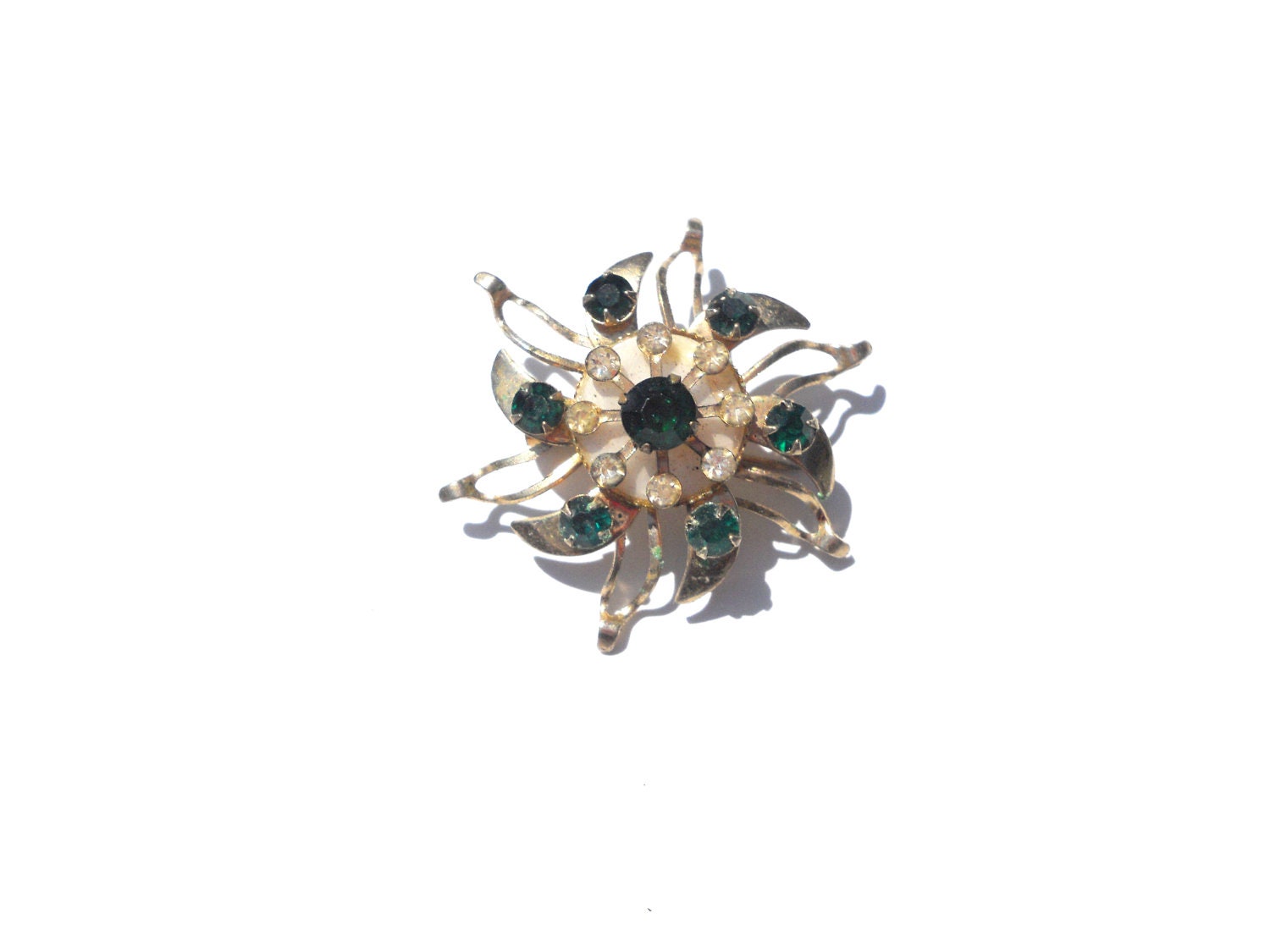 Vintage Green and Clear Stone Gold-tone Brooch