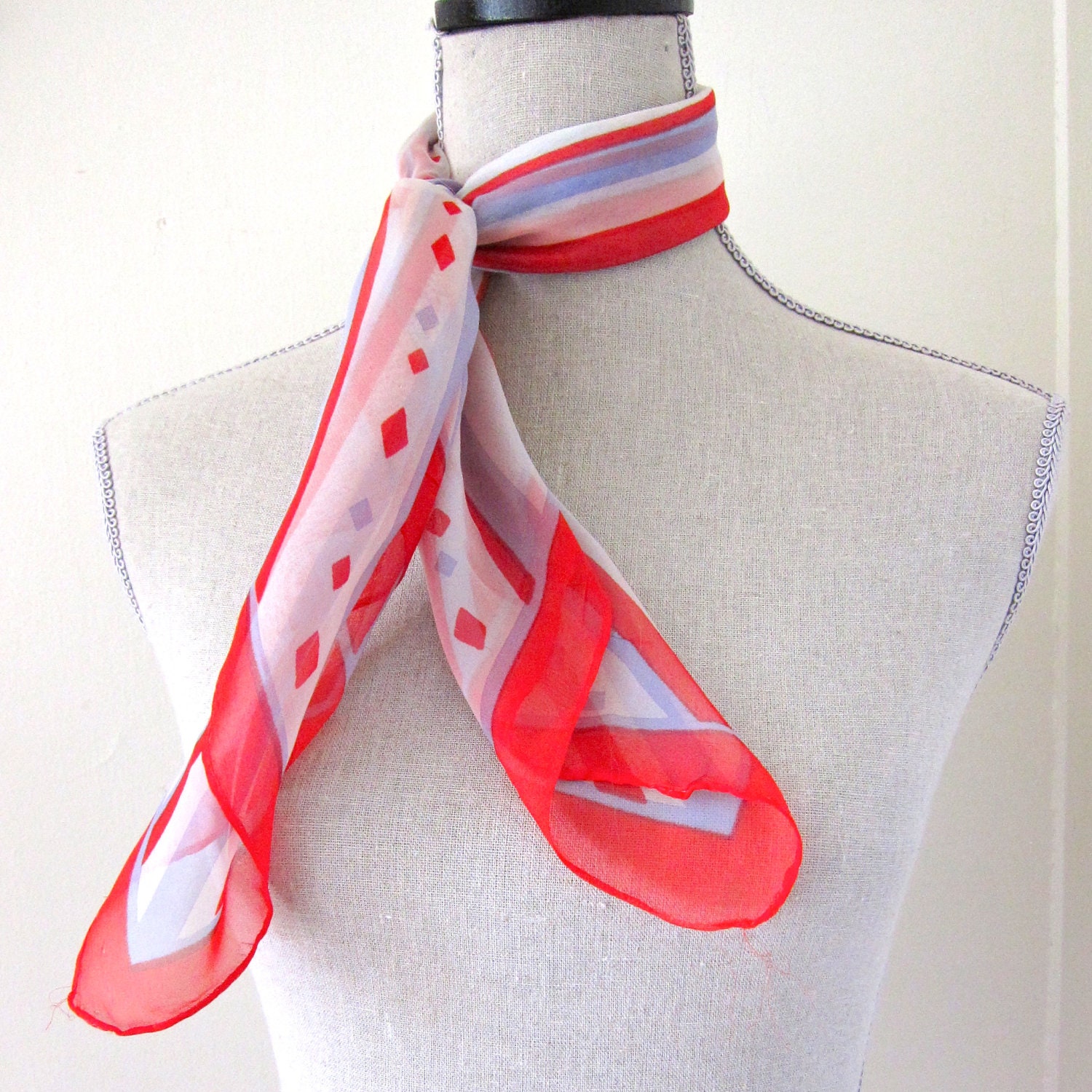 Vintage Scarf Red White Blue Head Scarf Sheer Striped