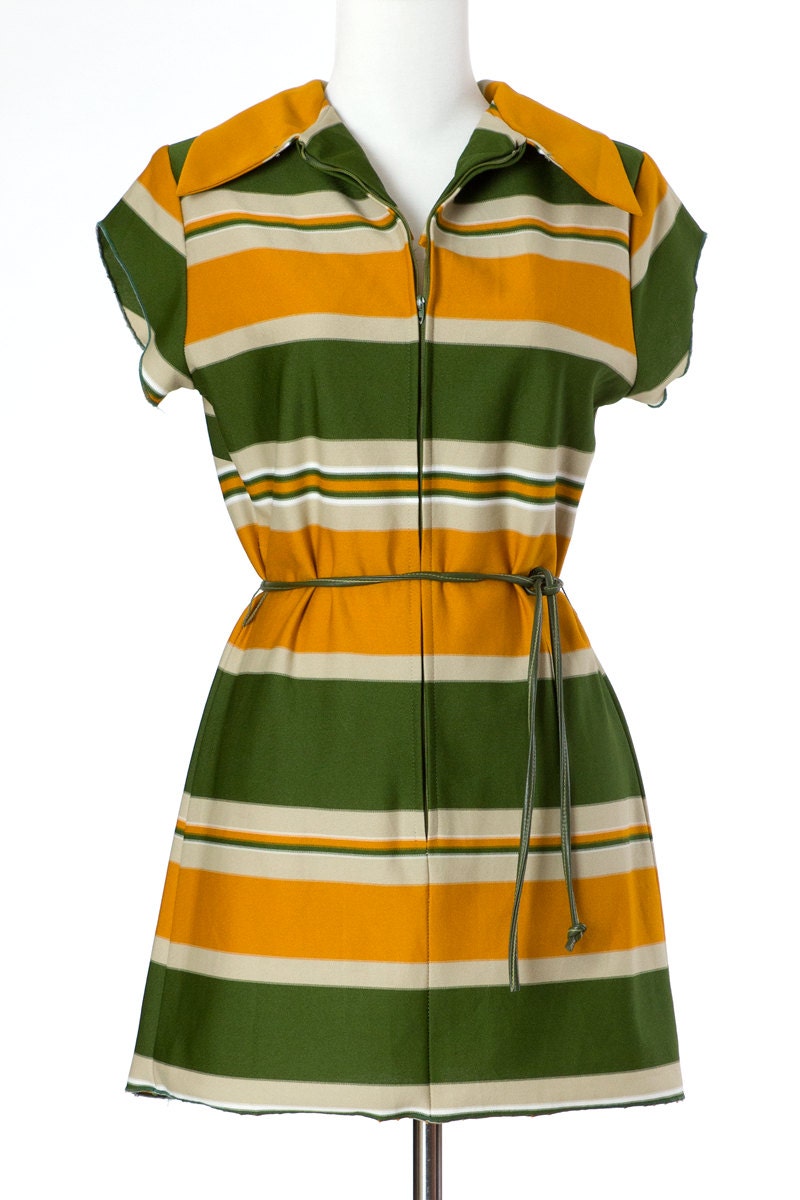60s Vintage Collar Dress Mini Dress Green Yellow Stripes Leather Belt Fall Medium