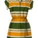 60s Vintage Collar Dress Mini Dress Green Yellow Stripes Leather Belt Fall Medium