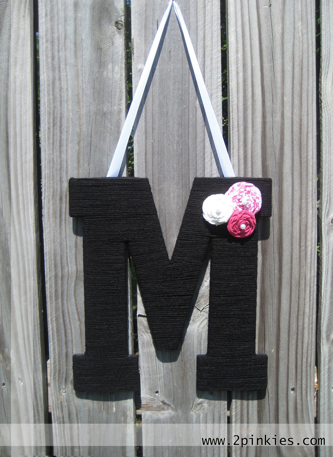 Yarn Letter - Monogram Wreath, Wedding Decoration, Black, White and Hot Pink