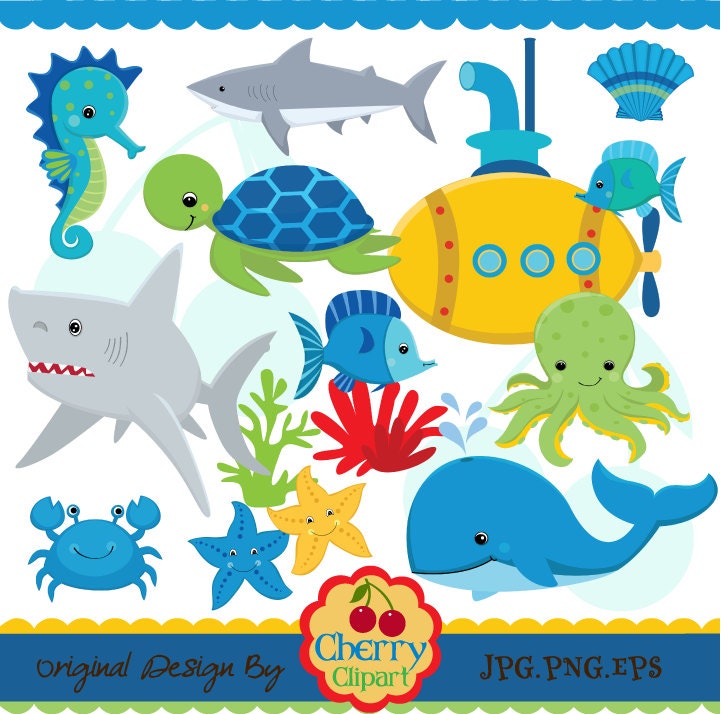 Submarine And Sea Creatures for boys set -Personal and Commercial Use-paper crafts,card making,scrapbooking,web design
