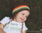 Boys Crochet Earflap Striped Hat - Brown Orange Ecru Sage Green - Fall Winter Hat
