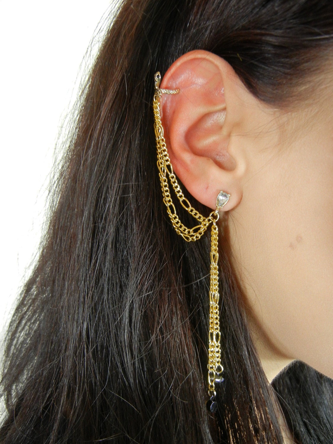 Gold Snake Ear Cuff with Rhinestone Earring a& Triple Chains