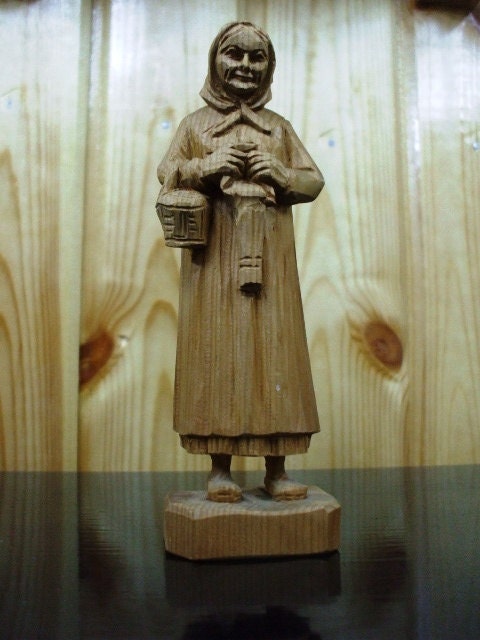 SALE Old Antique Handmade Sculpture - Carved Wood Standing Old Woman With a Basket and a Bag Statue 6.0 inch