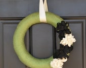 Spring or Summer Wreath - Sage Green Yarn Wreath with Cream and Black Felt Flowers - Handmade All Season Wreath