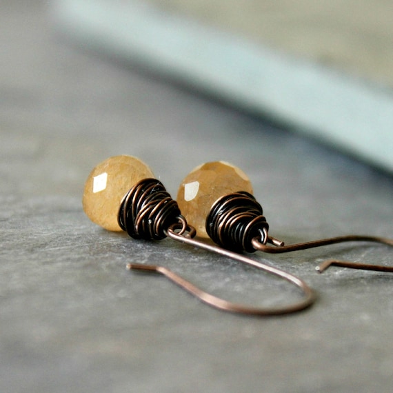 Copper rutilated quartz onion briolette wire wrapped  earrings gemstone warm tones coppery gold rustic--"Venus capillus"