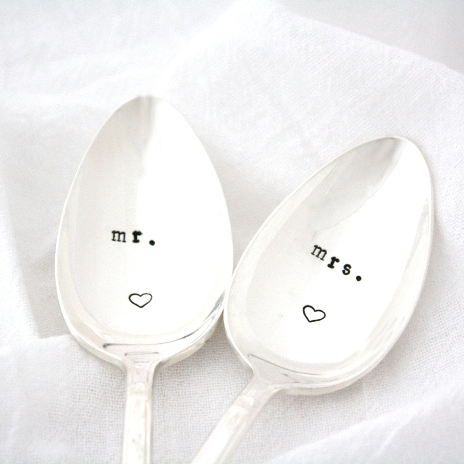 Mr & Mrs wedding spoons- hand stamped vintage ice cream spoons, stamped silverware for engagement gift. Unique gift idea under 25