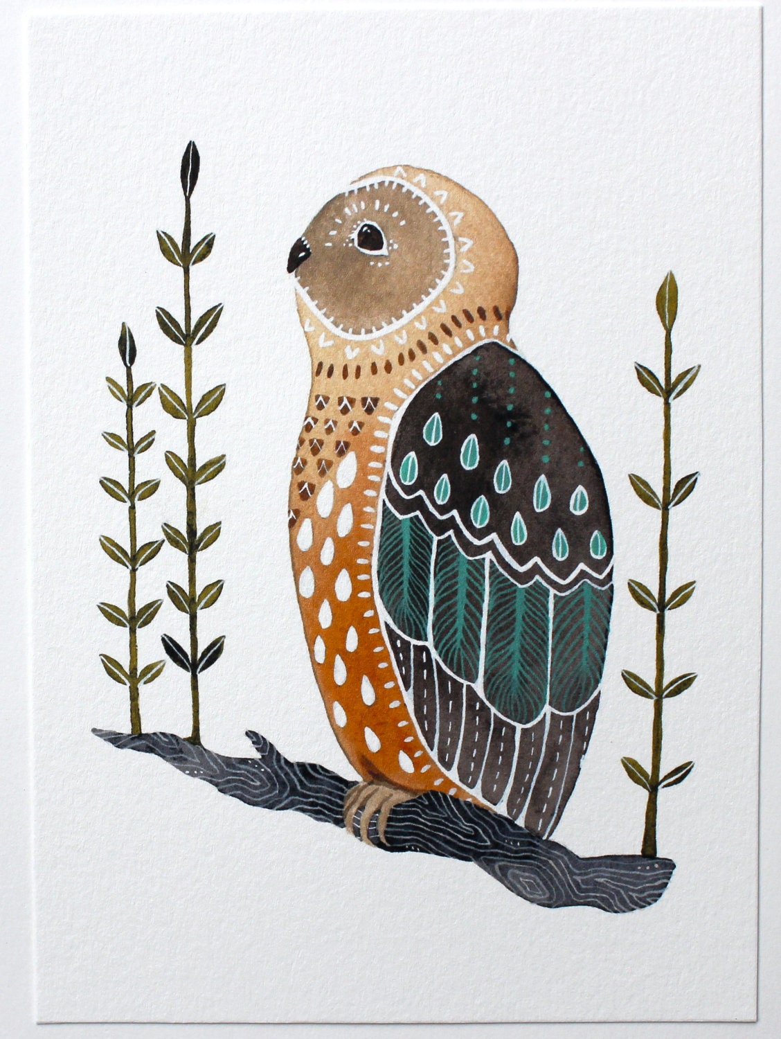 Owl Illustration Art - Watercolor Painting - Archival Print - 5x7 Little Owl Mosi