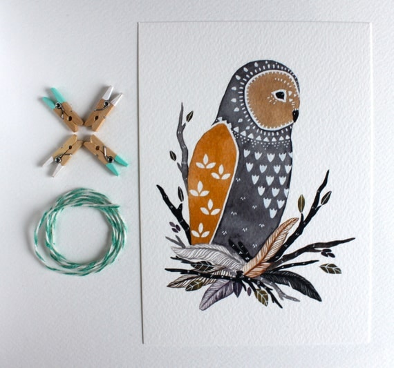 Owl Illustration Art - Watercolor Painting - Archival Print 8x10- Little Owl Manu by Marisa Redondo