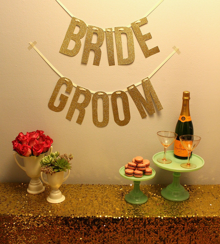 Gold Glitter "BRIDE" & "GROOM" banner garlands for wedding or back of reception chairs