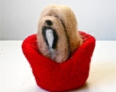 Lhasa Apso Needle-Felted 'Tashi' Dog Figure with Red Bed