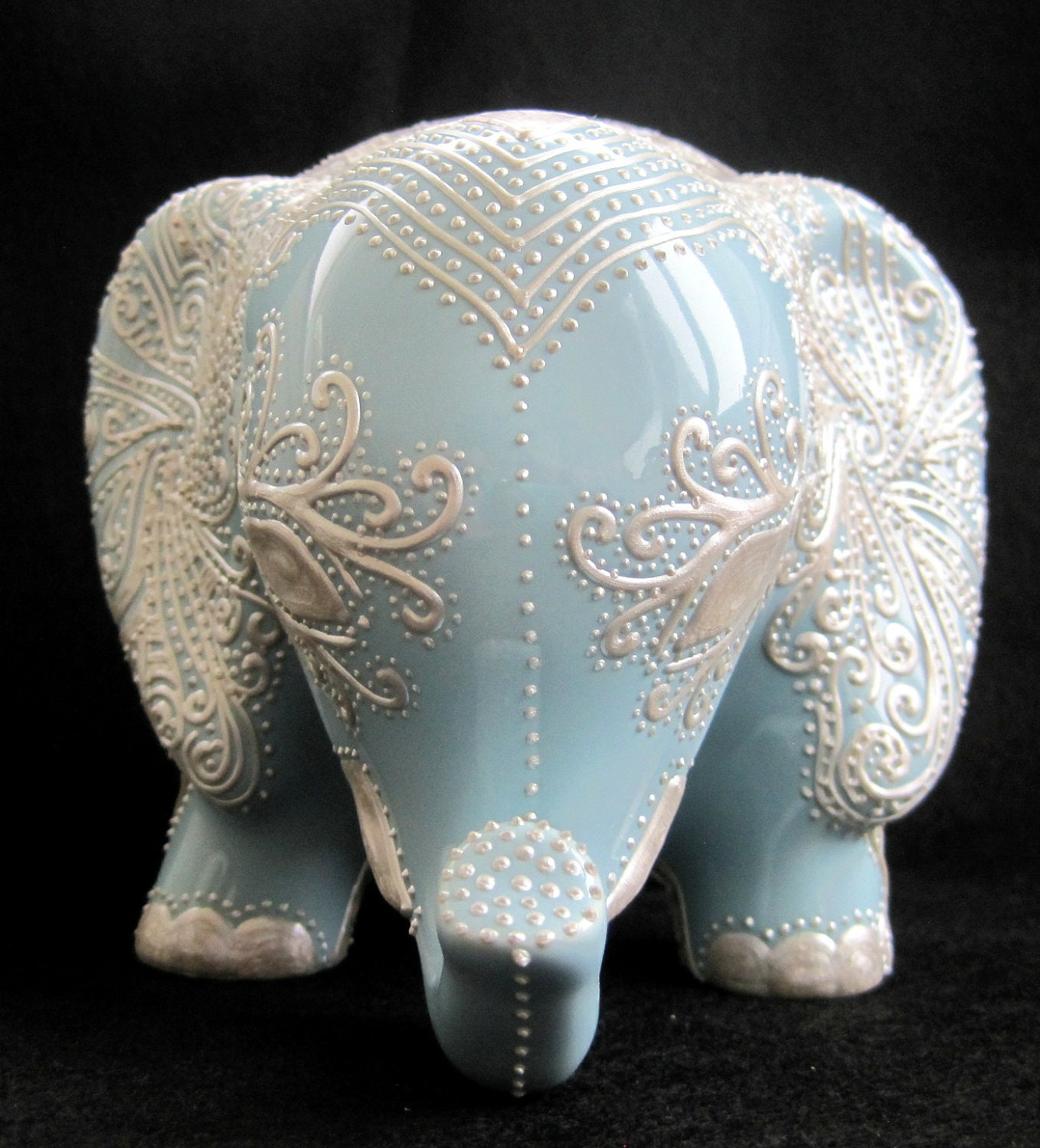 Ceramic Elephant -- Embossed Pearl Design on Baby Blue Glazed Elephant Bank