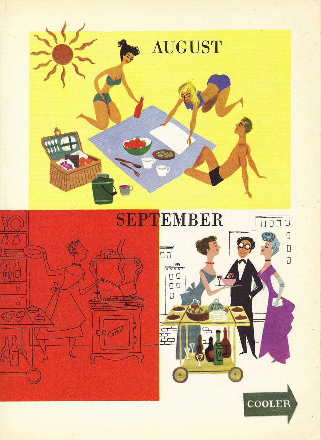 SUMMER-1940's Kitchen Print, Wall Decor, Art Illustration to Frame, Book plate, Wall Decor, Picnic Print, yellow