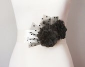 Black Lace Flowers Polka Dot Netting Tulle Sash Ribbon Belt - Bridal Wedding Dress Sashes Belts - Dots Lace Ribbon