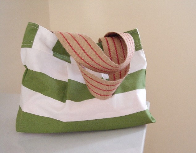 Large white tote bag with green stripes and burlap handles. Trendy beach bag Spring and summer weekender bag
