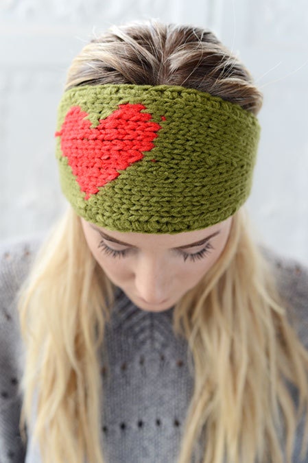 LOVE Knitted Heart Headband Olive and Red Ear Warmer by Three Bird Nest