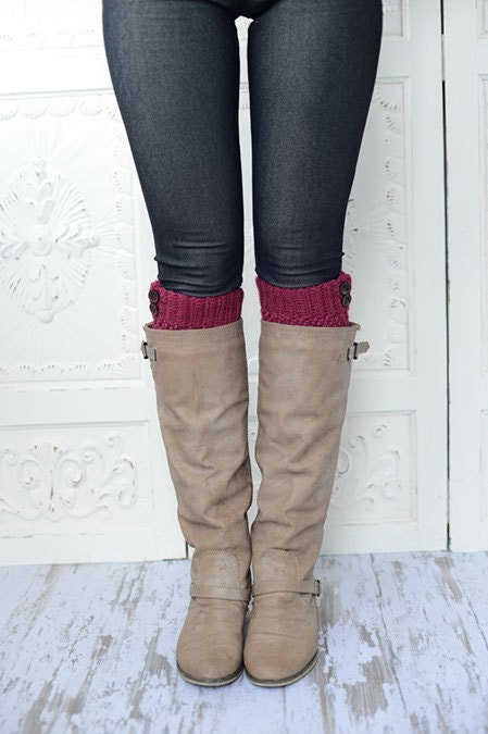 The MiNi Knitted Boot Cuffs CRANBERRY Yarn Short Leg Warmers Faux Boot Socks with Accent Buttons and Ready To Ship