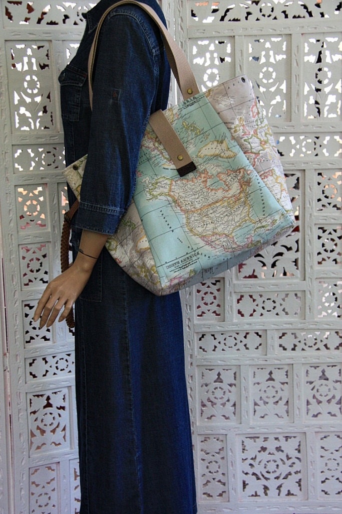 World Map Print Large Tote Bag- Blue -Beige Eco-friendly Purse-Shoulder Bag-Everyday Purse-Beach, Market,Travel Bag
