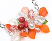Orange flower Necklace, Beadeed Necklace, Bridal Jewelry, Nature Jewelry  flower bouquet of leaves