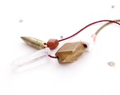 Oxblood Red Crystal Point Necklace / geometric jewelry / long mixed-media gemstone, wood, brass, snake chain & silk talisman