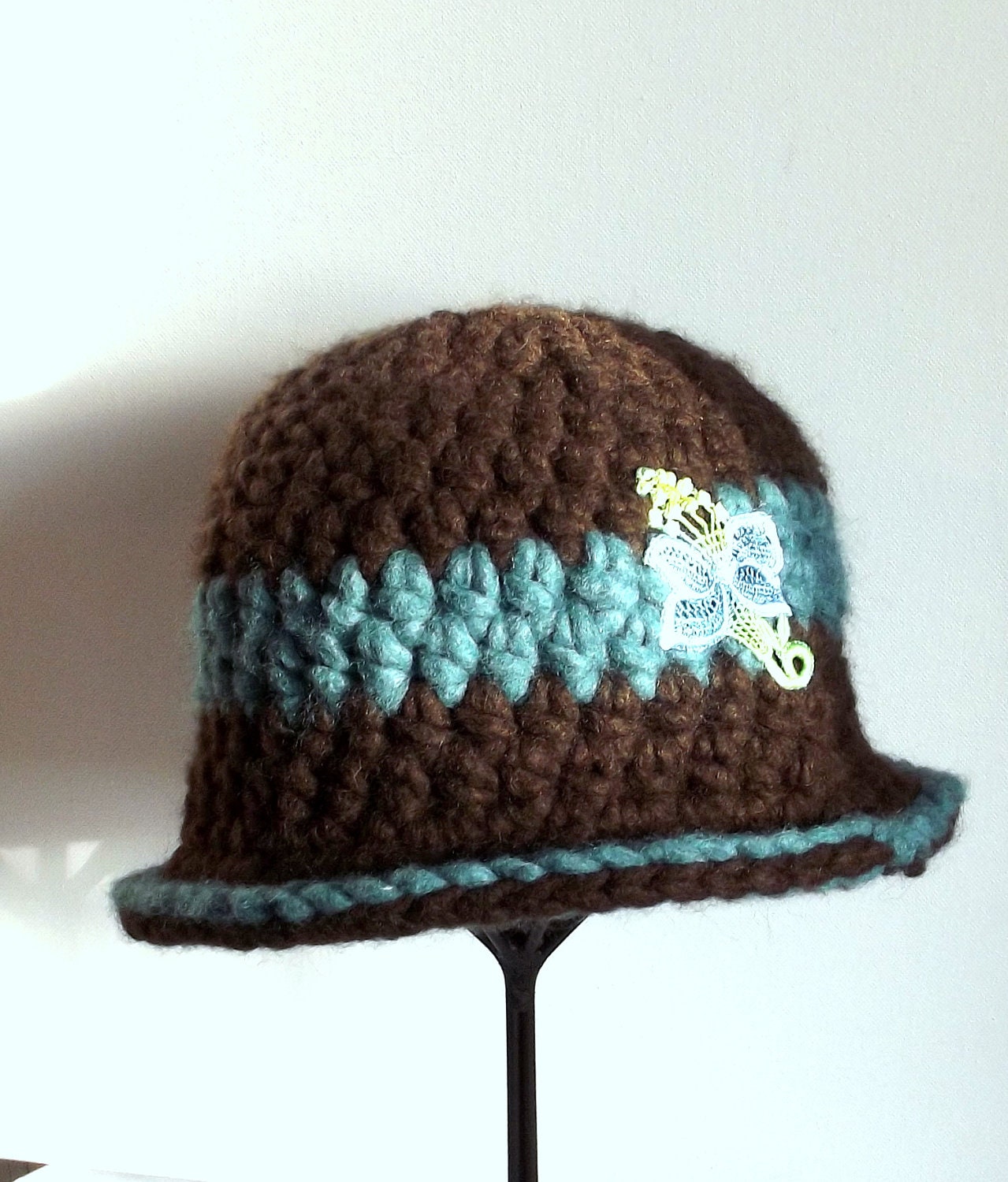 ALPACA Cloche, Crochet Hat, Turqouise Brown, Womans Accessory, Winter